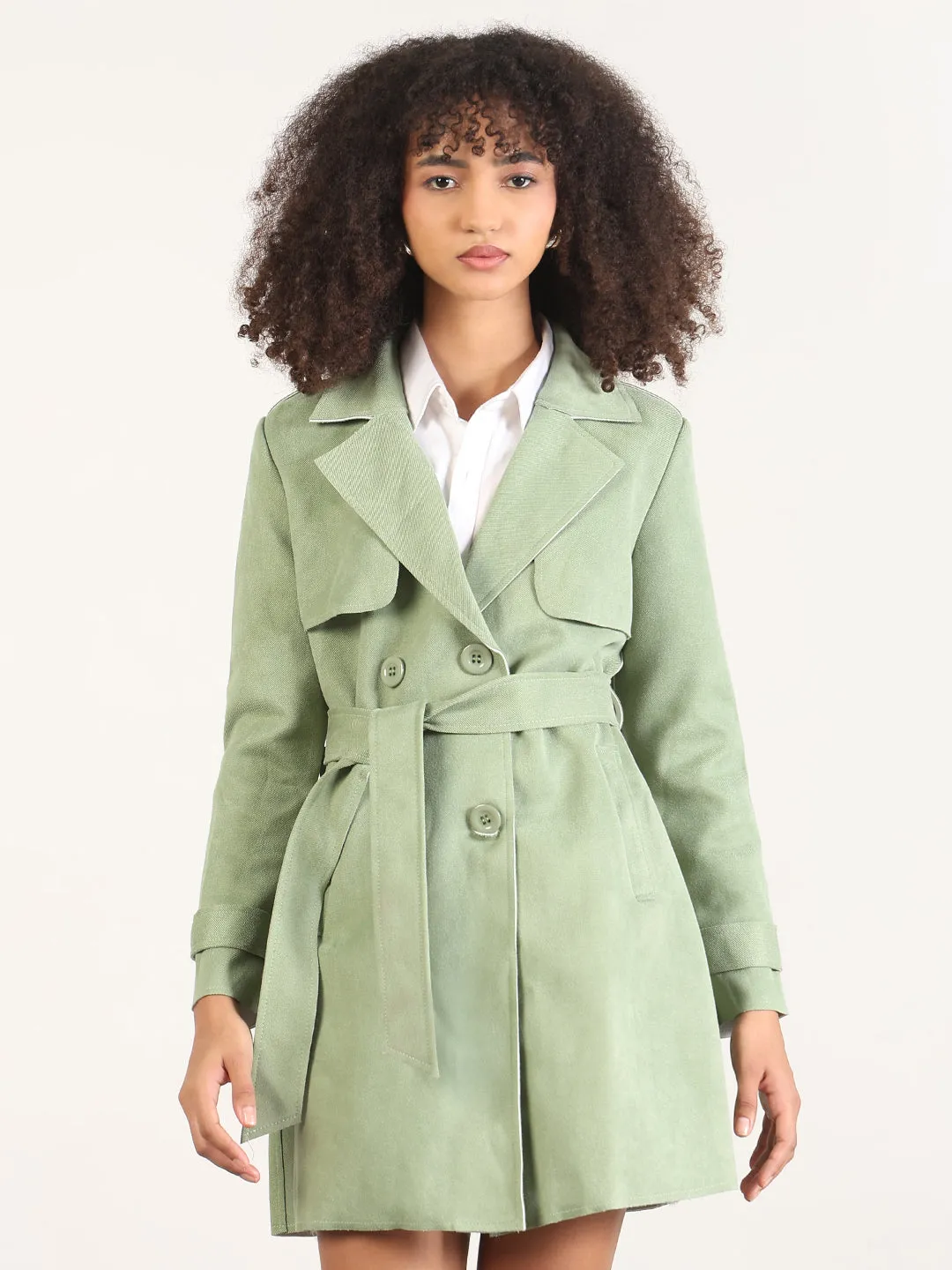 Women's Solid Green Lapel Collar Longline Trench Coat with Fabric Belt anti slip grip Ergonomic Tailoring