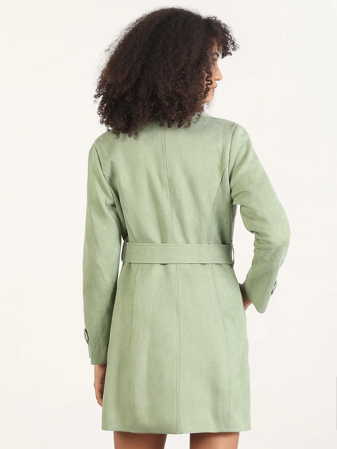 Women's Solid Green Lapel Collar Longline Trench Coat with Fabric Belt Static Dissipating Threading Wind Chill Protection