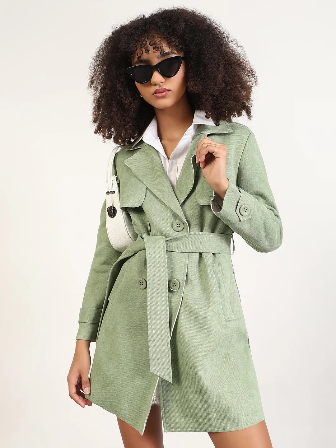 Women's Solid Green Lapel Collar Longline Trench Coat with Fabric Belt Flexible Fit Wear Quick Pull Zipper