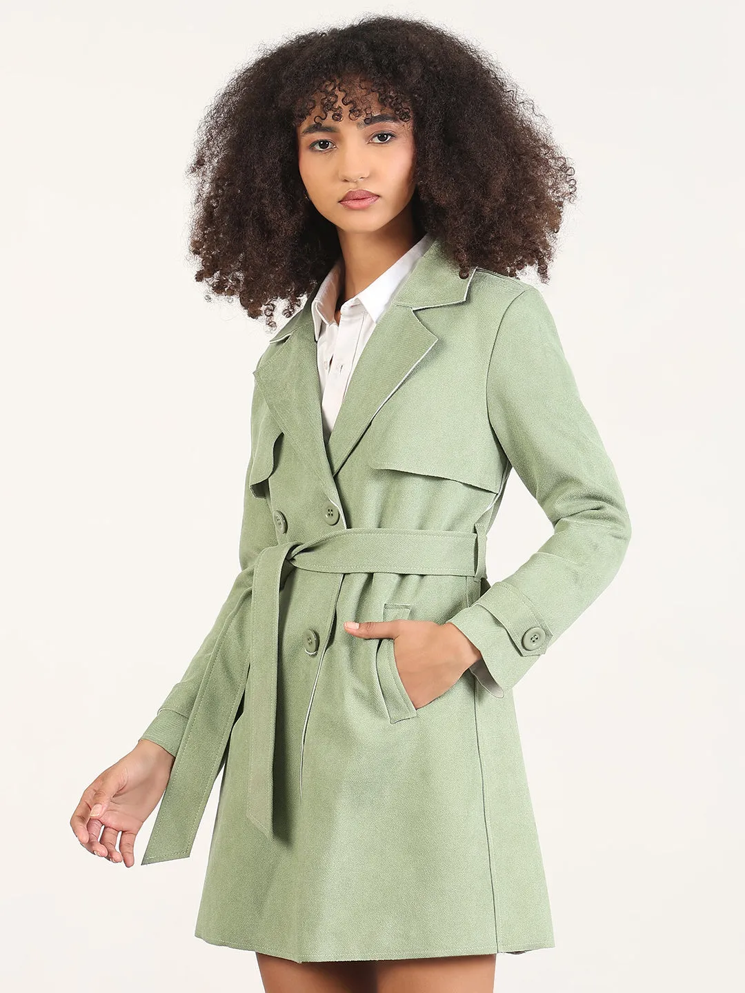 Women's Solid Green Lapel Collar Longline Trench Coat with Fabric Belt Stylish Chill Piece Flexible Joint Mobility