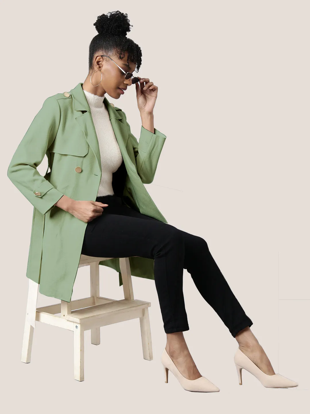 Women's Solid Green Longline Trench Coat with Belt ElasticizedWaistbandSystem