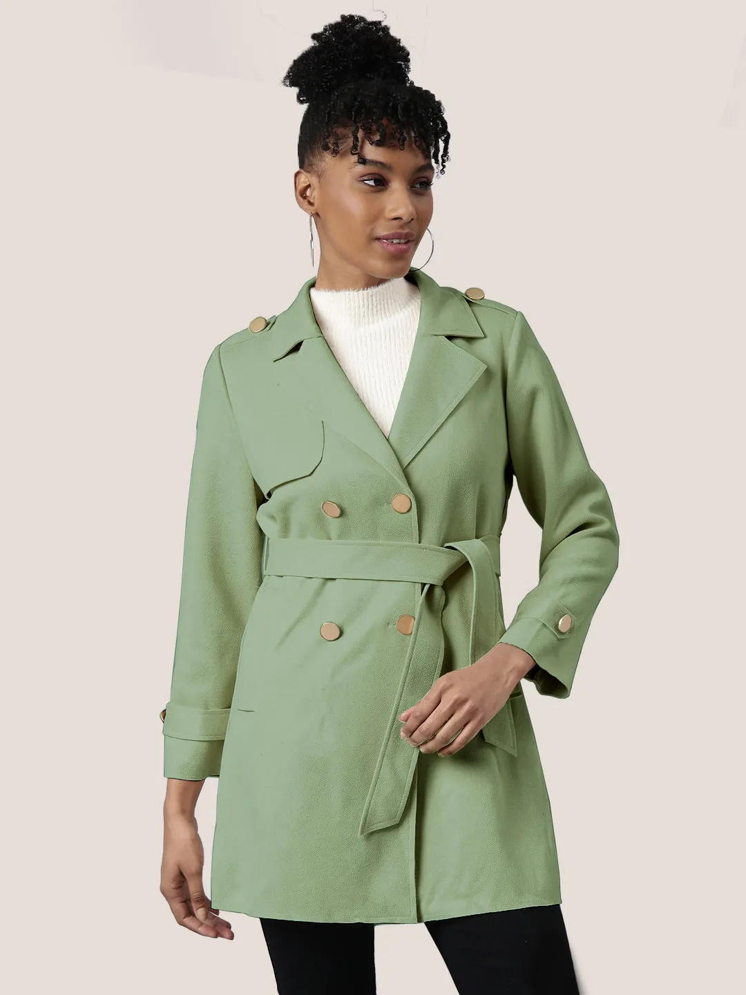 Windproof Construction Friction Reducing Lining Women's Solid Green Longline Trench Coat with Belt