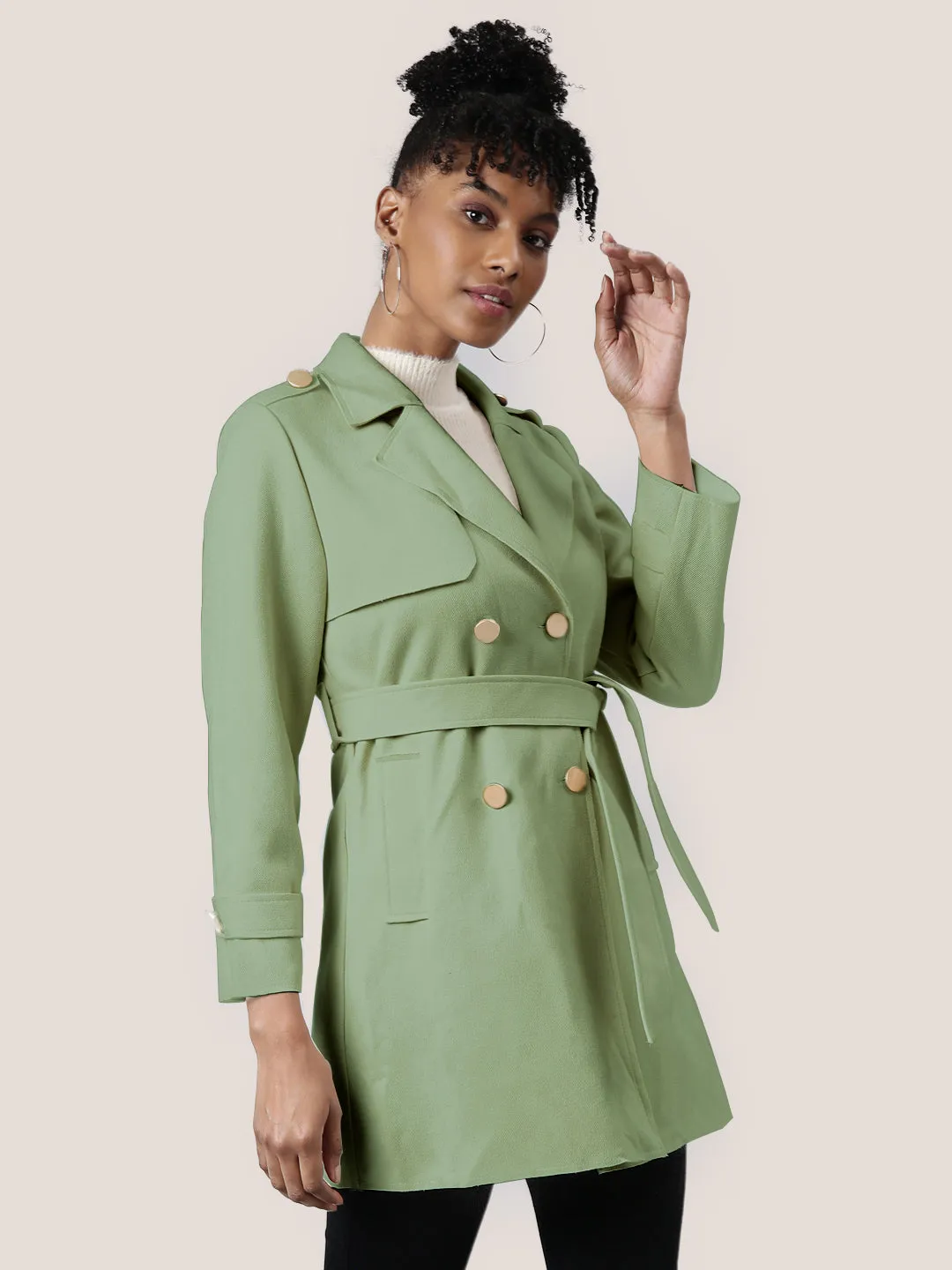 QuickAccessPockets Tapered Hem Women's Solid Green Longline Trench Coat with Belt