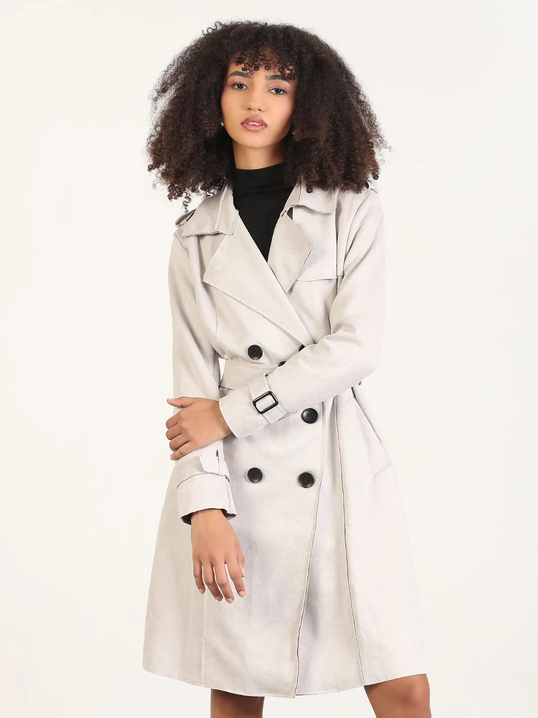 Women's Solid Grey Lapel Collar Longline Trench Coat with Fabric Belt WindproofDesign