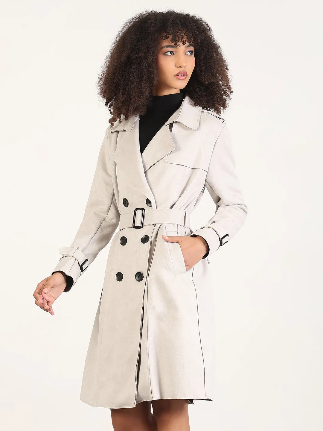 Women's Solid Grey Lapel Collar Longline Trench Coat with Fabric Belt Wind Blocking Fabric Compact Packability