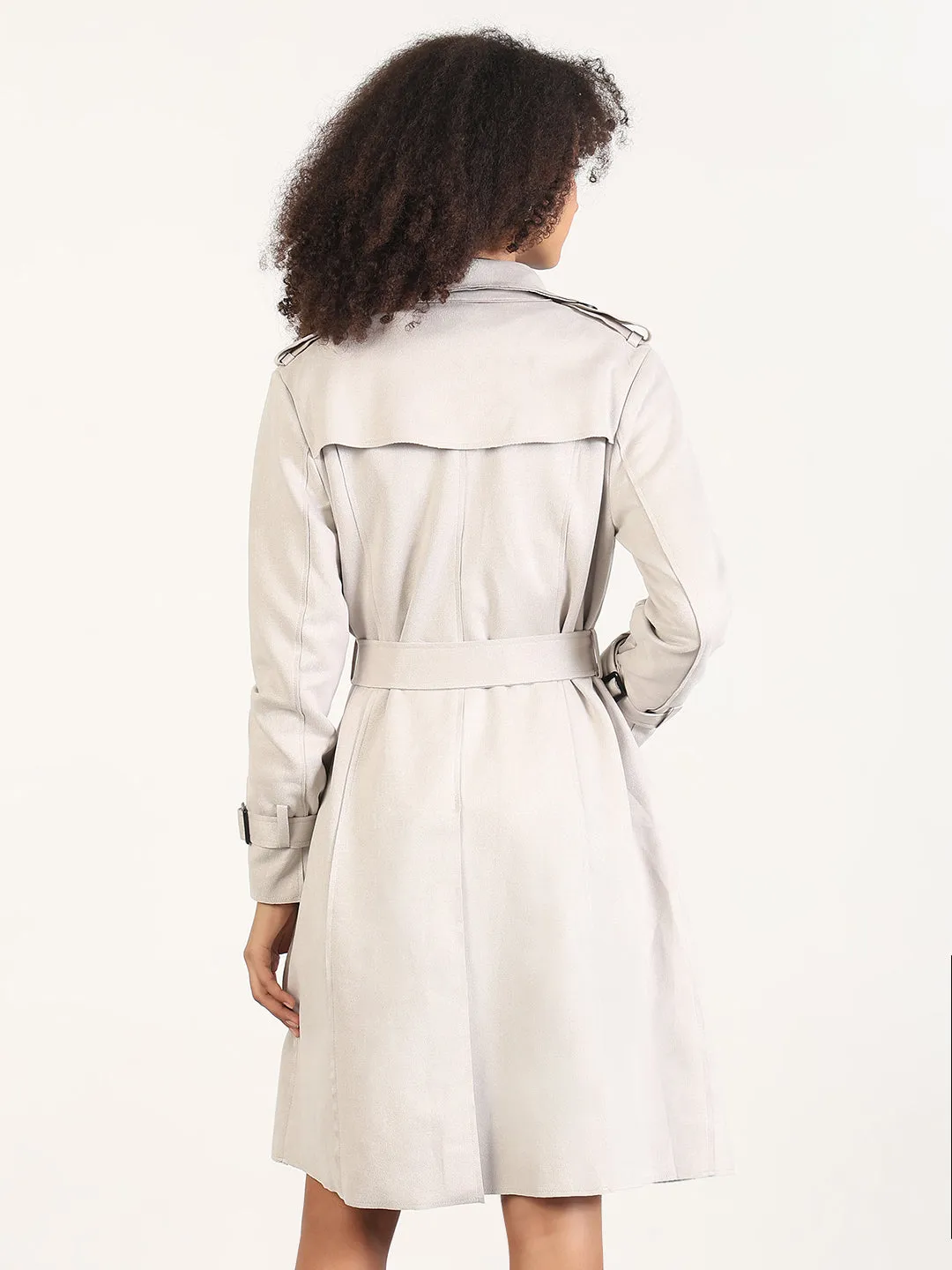 Women's Solid Grey Lapel Collar Longline Trench Coat with Fabric Belt Snag Free Zipper Technology