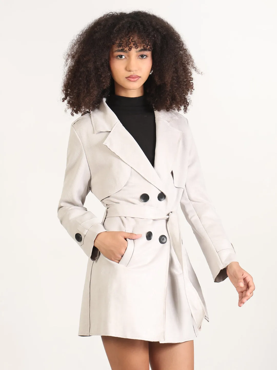 Women's Solid Grey Spread Collar Trench Coat with Fabric Belt Full Zip Closure