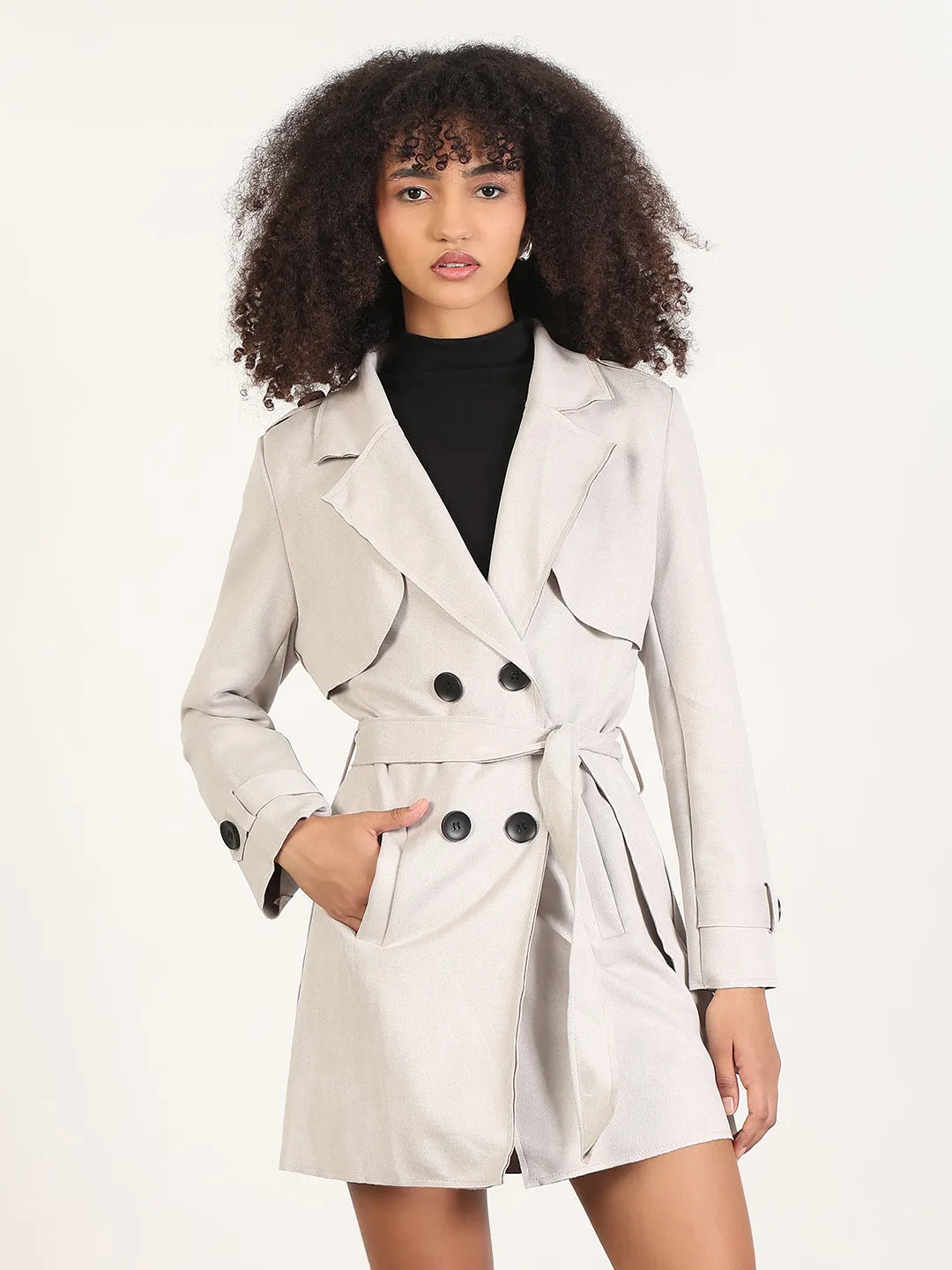 Softshell Technology Women's Solid Grey Spread Collar Trench Coat with Fabric Belt