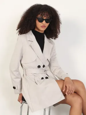 Airtight Fasteners Women's Solid Grey Spread Collar Trench Coat with Fabric Belt
