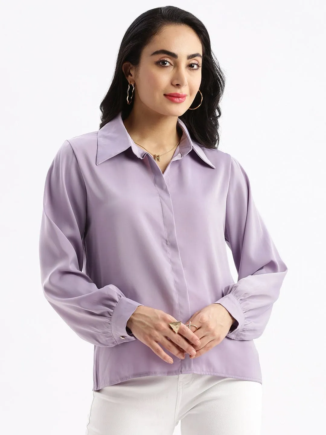 Women's Solid Lavender Shirt with Neck Chain Timeless Wear Weekend Essential