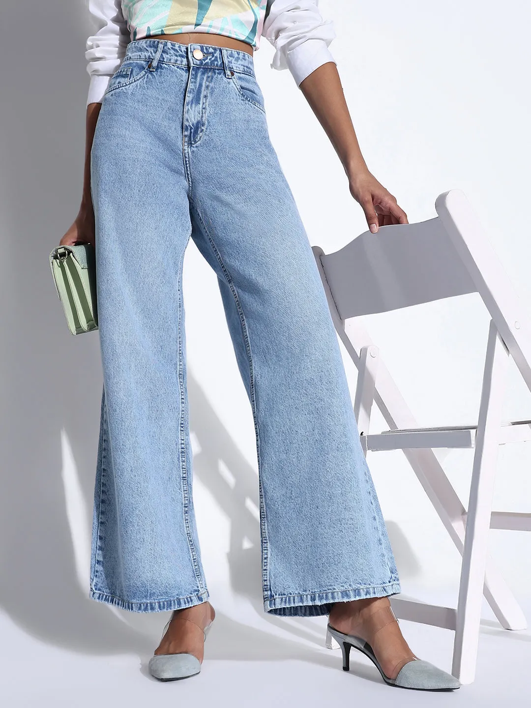 Spring Mood Trendy Women's Solid Light Blue Wide Leg Jeans