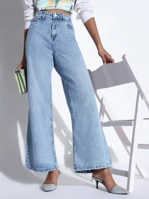 Spring Mood Trendy Women's Solid Light Blue Wide Leg Jeans
