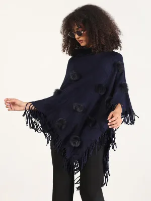 Women's Solid Navy Blue Fringed Edge Poncho Seam Free Edges
