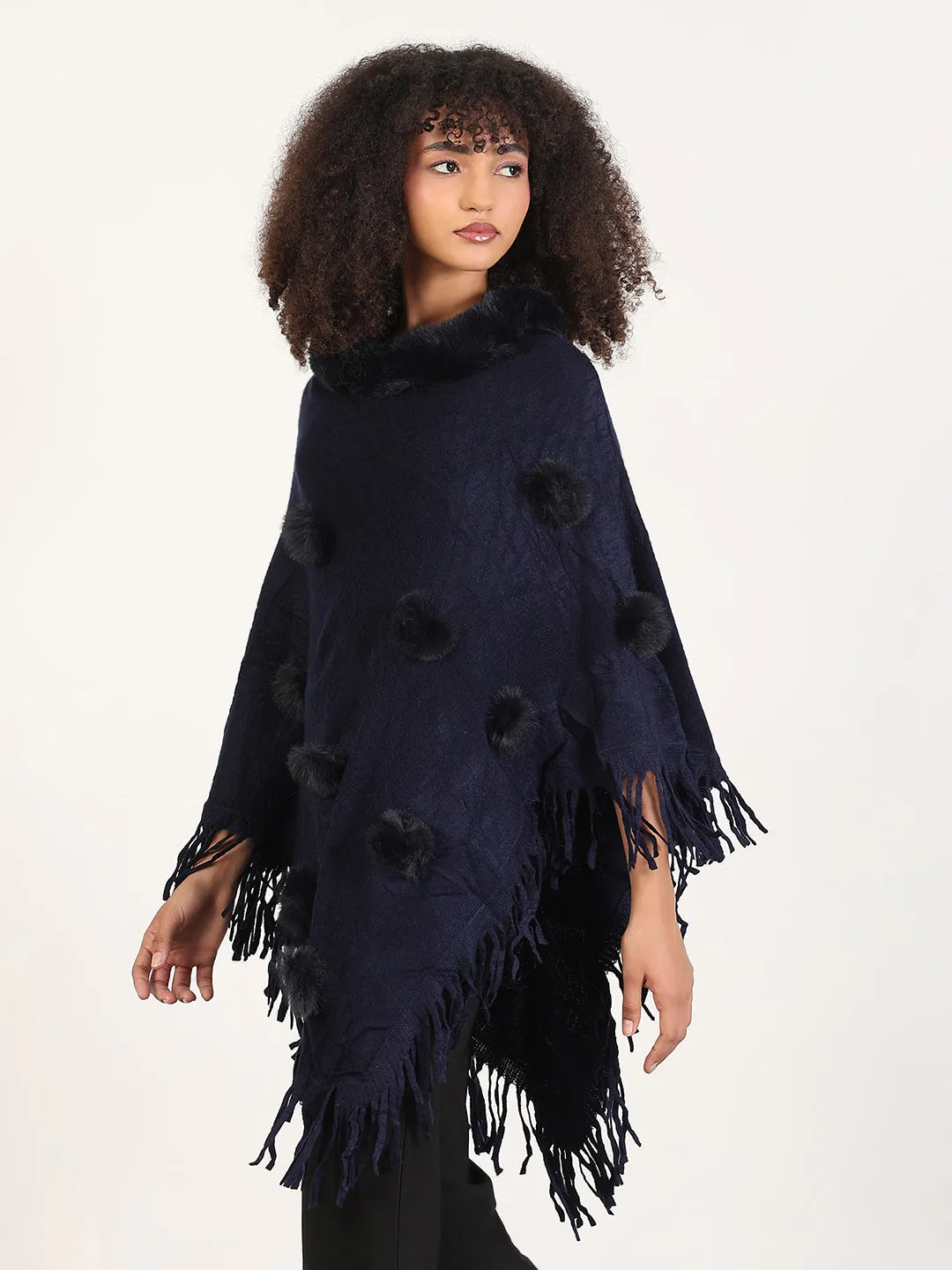 Layer Option Airflow channels Women's Solid Navy Blue Fringed Edge Poncho