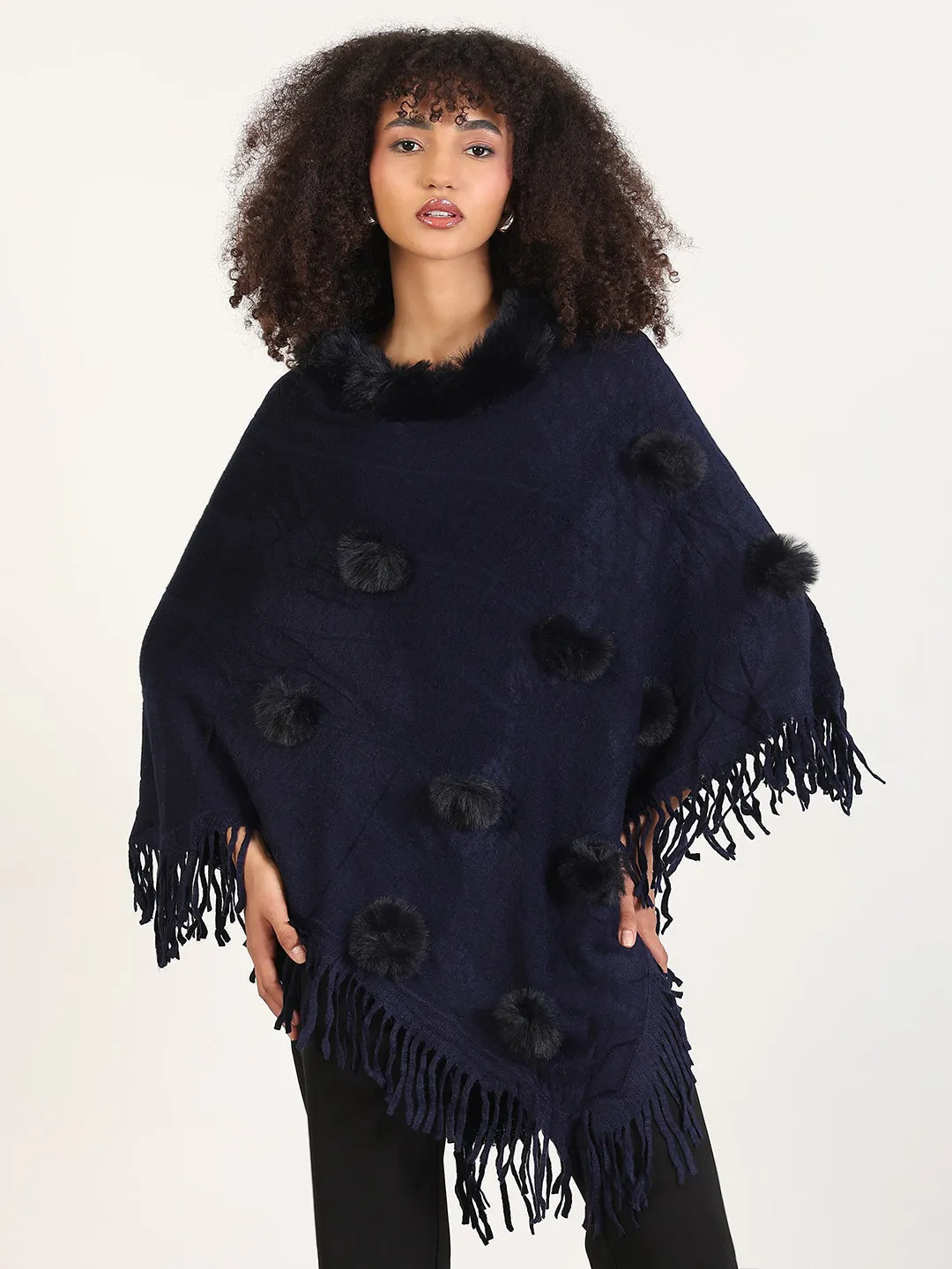 Women's Solid Navy Blue Fringed Edge Poncho Smooth Seam