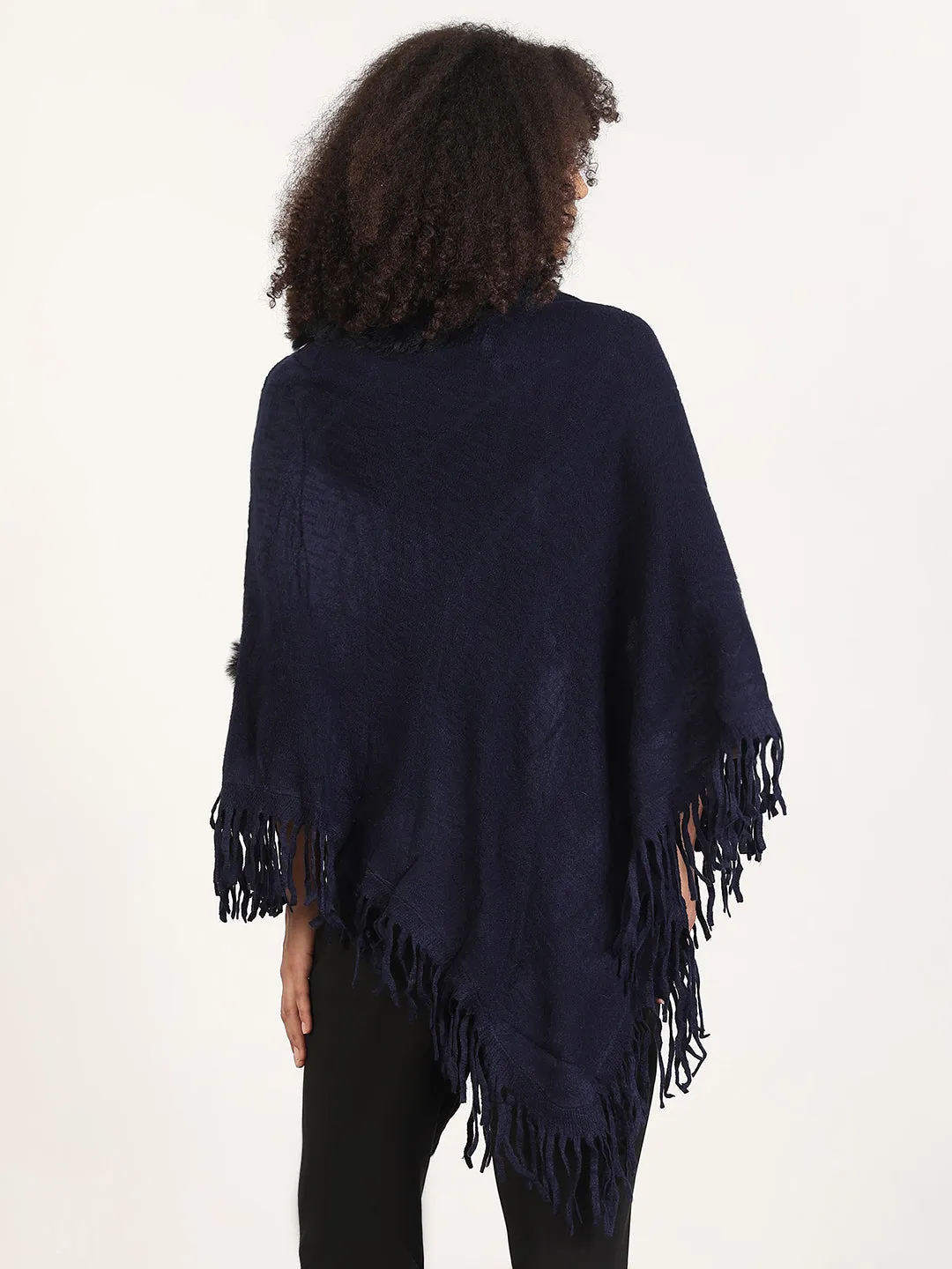 QuickFabric Recovery Women's Solid Navy Blue Fringed Edge Poncho