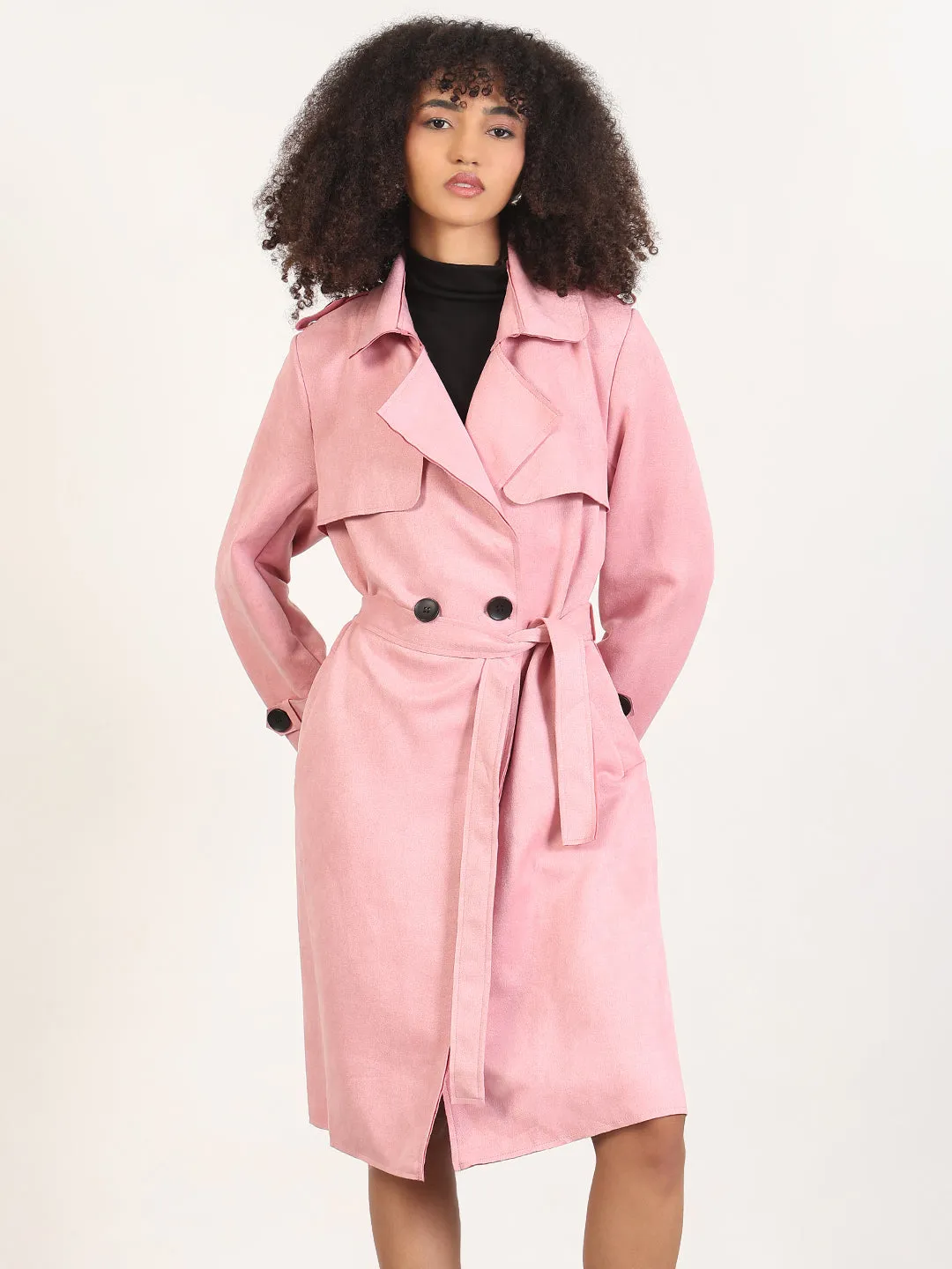 Urban Hike Style Women's Solid Pink Lapel Collar Longline Trench Coat with Fabric Belt