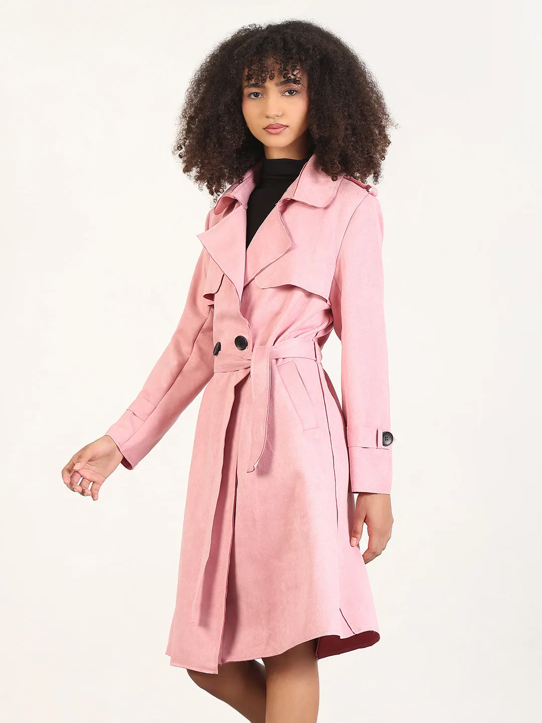 Comfortable fit Ultra Compact Packing Design Women's Solid Pink Lapel Collar Longline Trench Coat with Fabric Belt