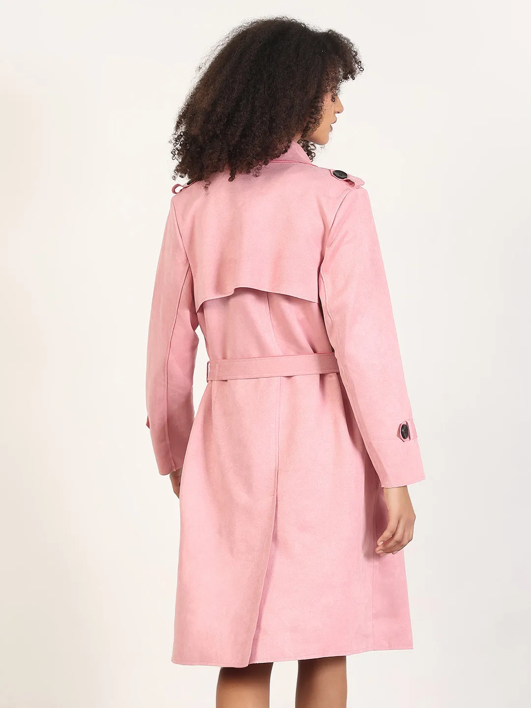 Women's Solid Pink Lapel Collar Longline Trench Coat with Fabric Belt All Season Versatility