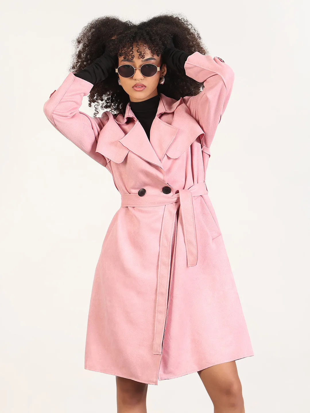 High Collar Options Anti Pill Fabric Tech Women's Solid Pink Lapel Collar Longline Trench Coat with Fabric Belt