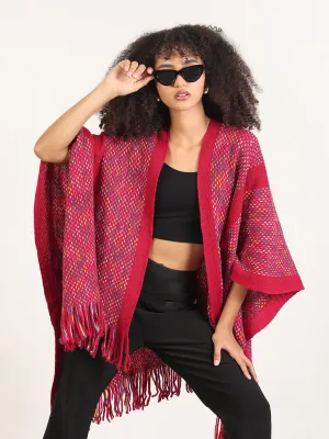 NoSnag Surface WideRibbed Texture Women's Solid Red Fringed Edge Poncho