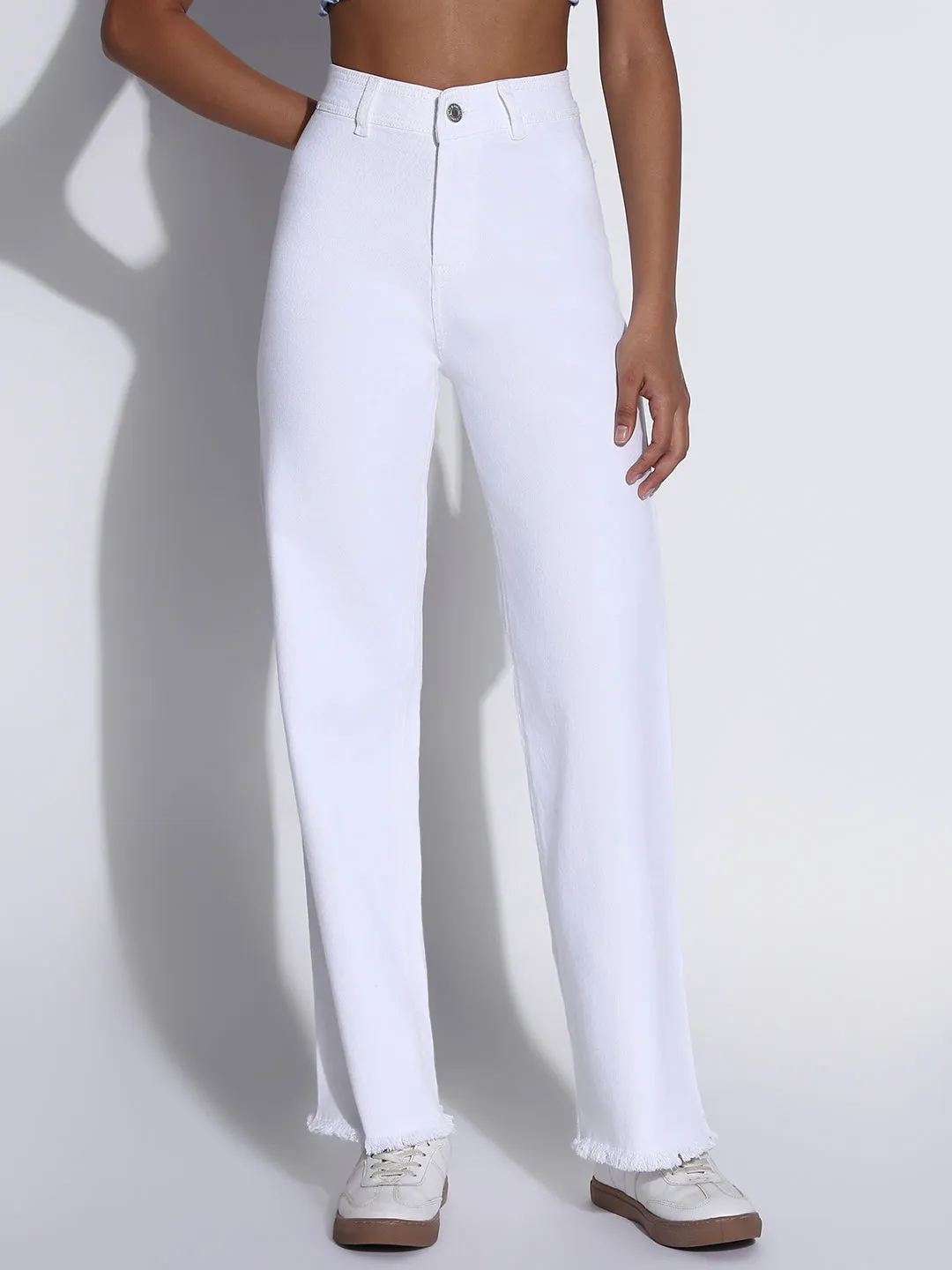 Breathable Lining Women's Solid White Frayed Hem Wide Leg Jeans