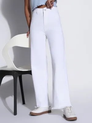 Reinforced Stitching Details Women's Solid White Frayed Hem Wide Leg Jeans