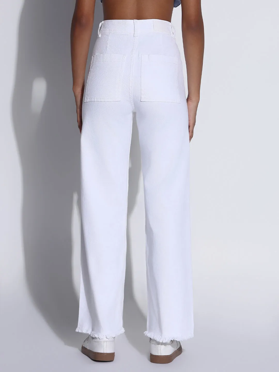 Women's Solid White Frayed Hem Wide Leg Jeans Classic Casual Trendy High Quality