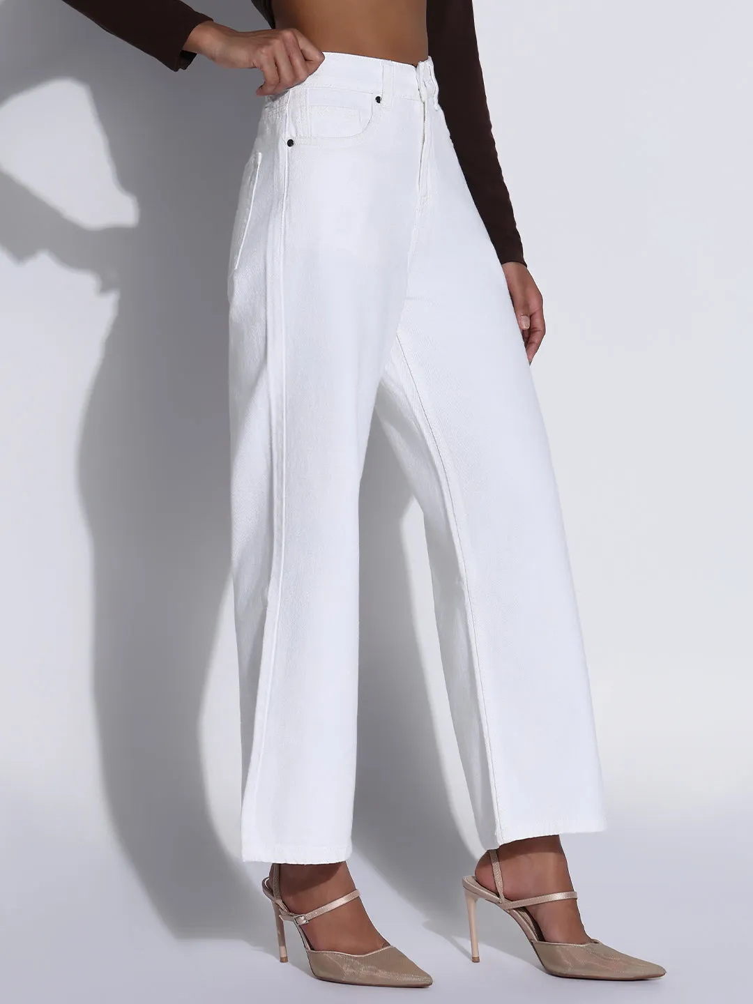 Women's Solid White Wide Leg Jeans Professional Wear Weekend Warrior