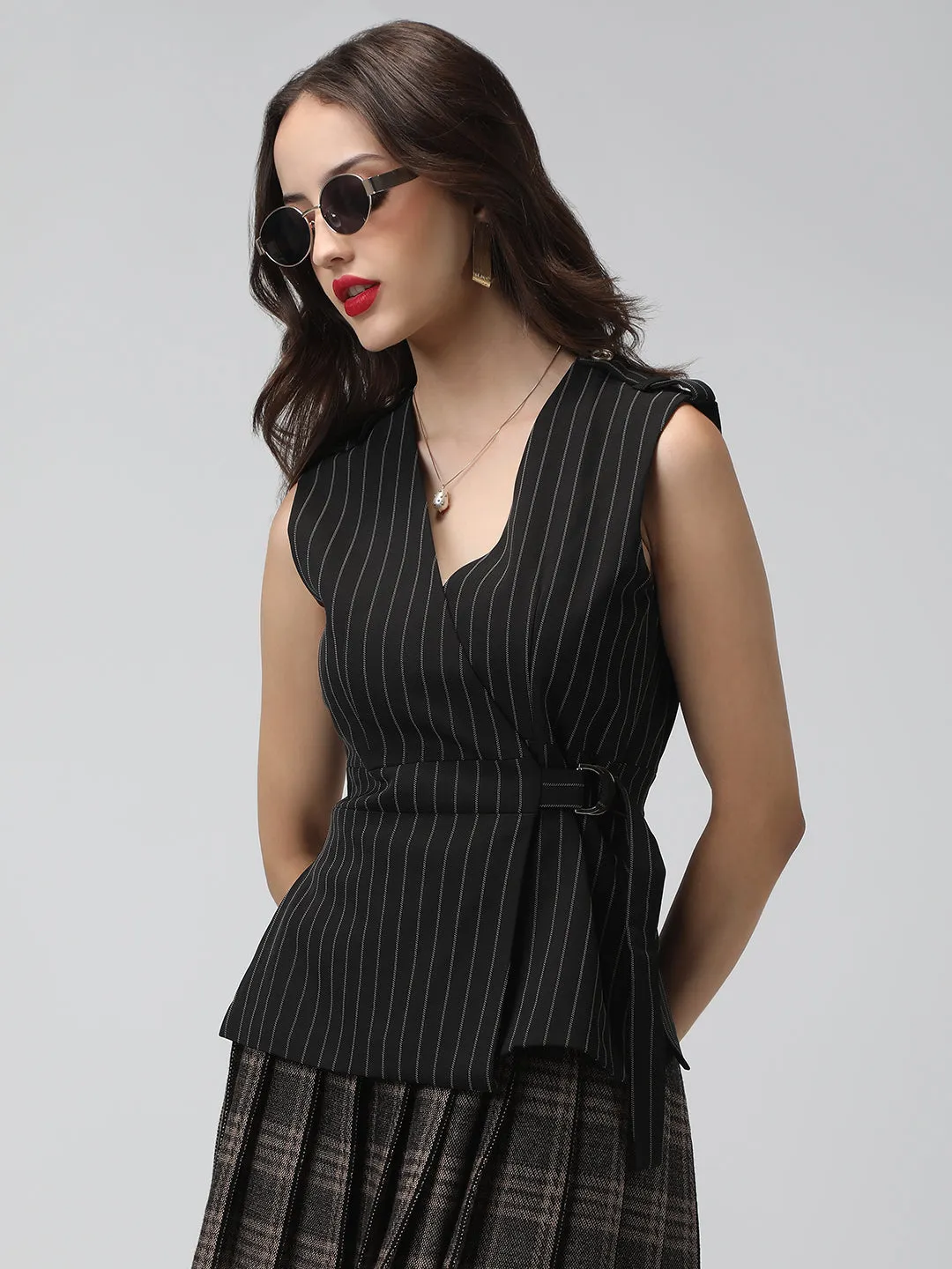 Vegan Fabric Flexible Fit Women's Striped Black Sleeveless Blazer