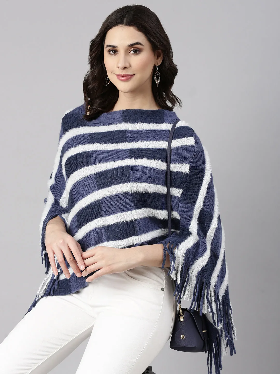 Women's Striped Navy Blue Poncho FrayResistant Edging Flexible Layer