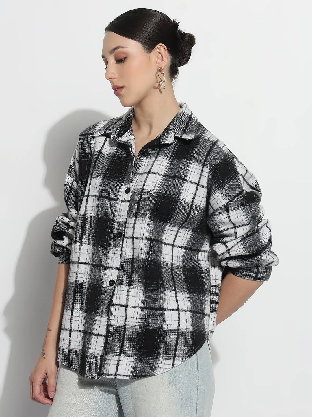 Women's Tartan Checks Black Oversized Shirt Active Design Wear Stylish Layer Look