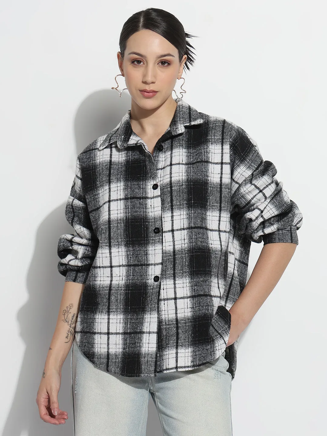Women's Tartan Checks Black Oversized Shirt Adult sophistication Workout Gear