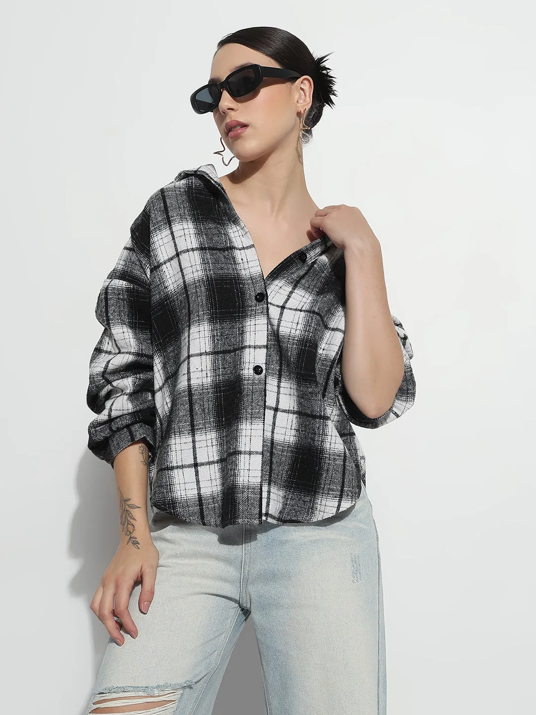 Women's Tartan Checks Black Oversized Shirt Urban Style Trend