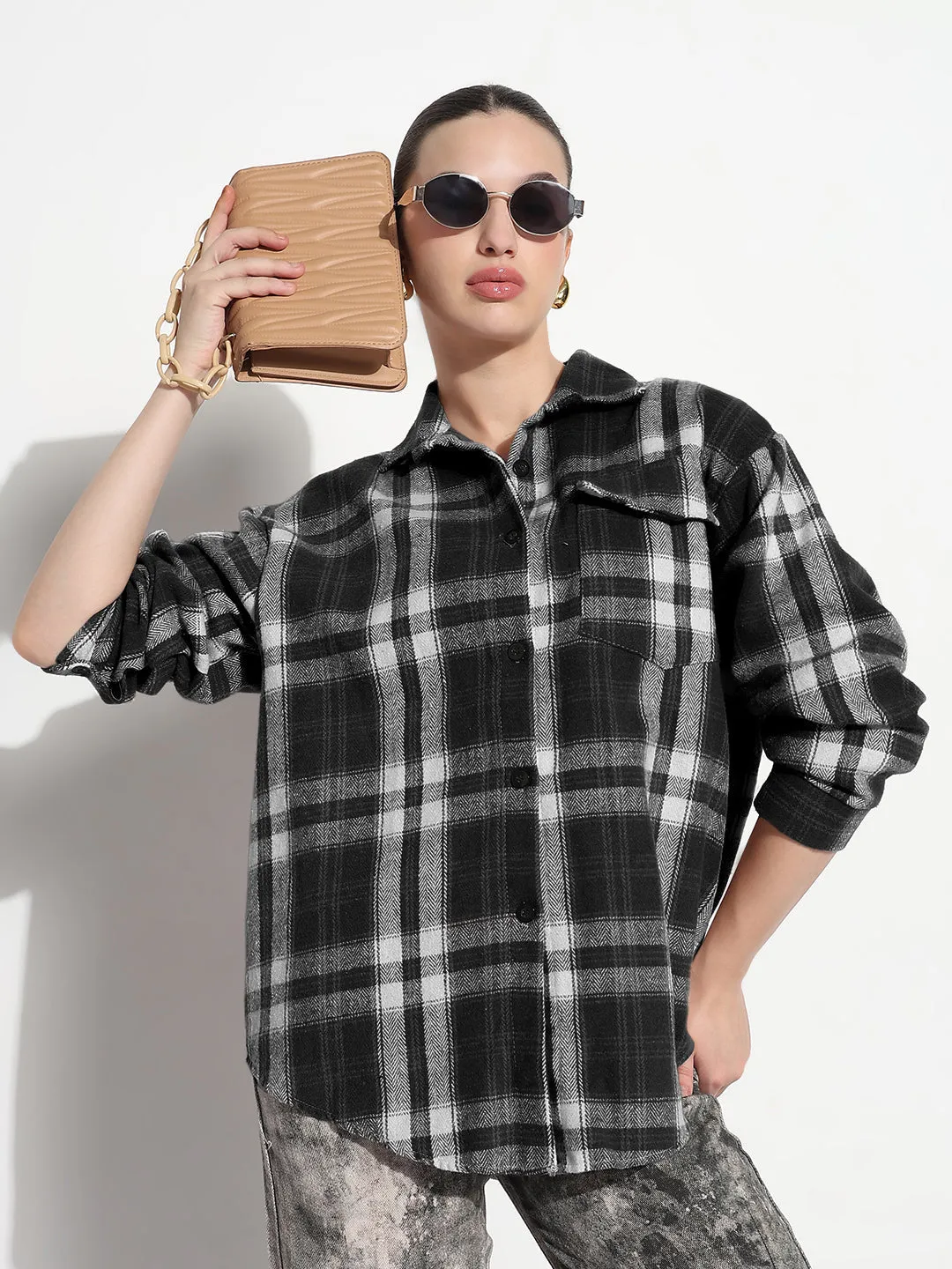 Women's Tartan Checks Black Oversized Shirt with Flap Pocket Trendy Wearable short sleeved