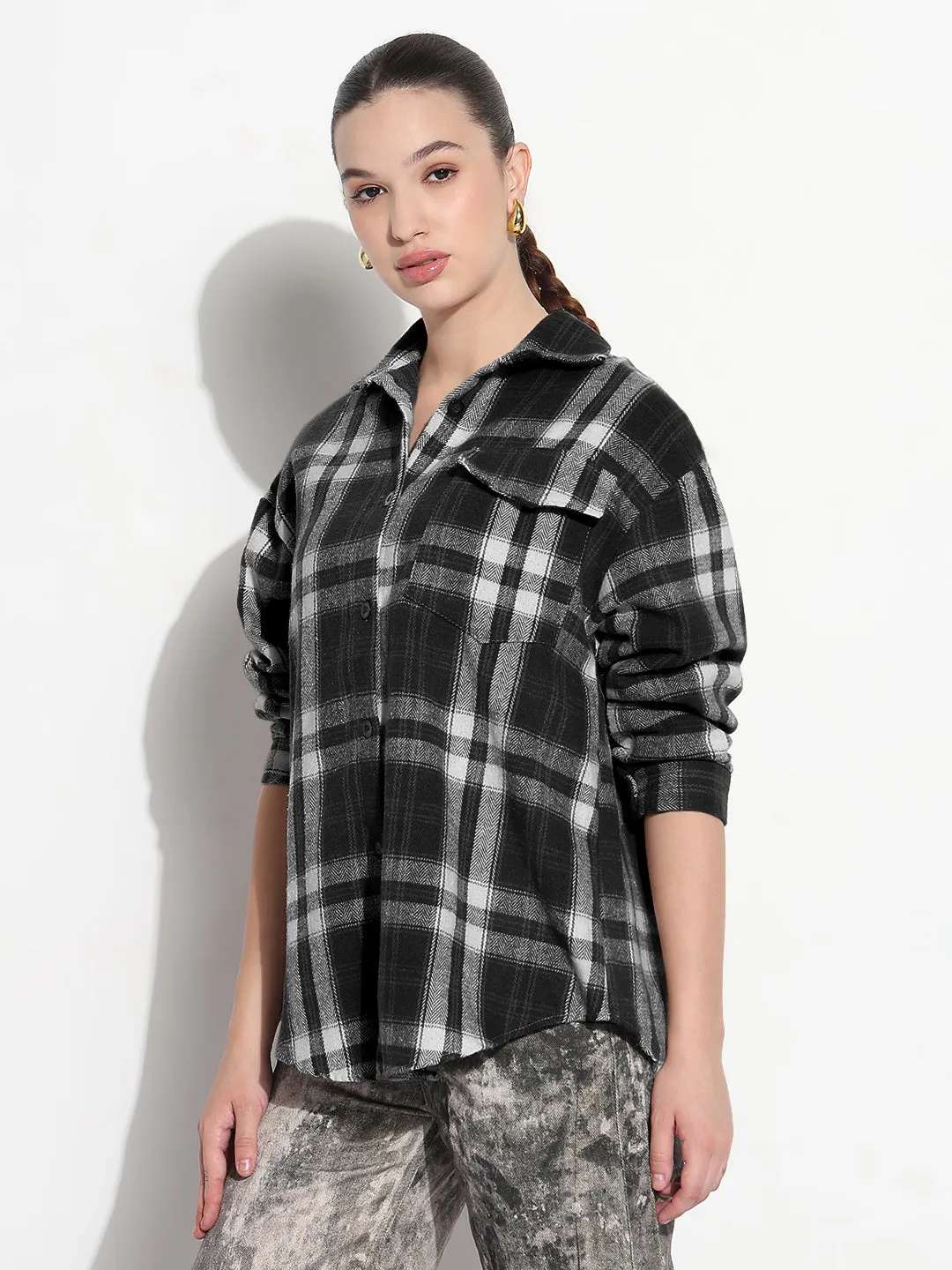 Women's Tartan Checks Black Oversized Shirt with Flap Pocket fade resistant color Eco Friendly Dye