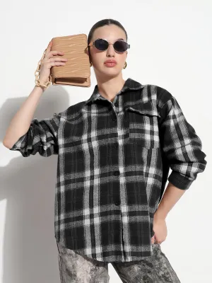 Women's Tartan Checks Black Oversized Shirt with Flap Pocket Trendy Wearable short sleeved