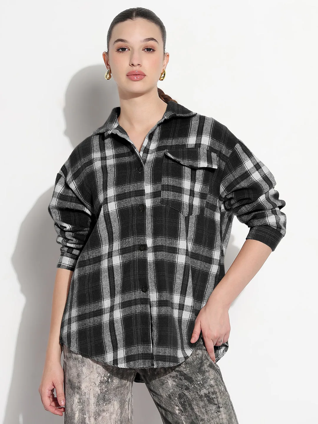 Women's Tartan Checks Black Oversized Shirt with Flap Pocket ComfortFirst