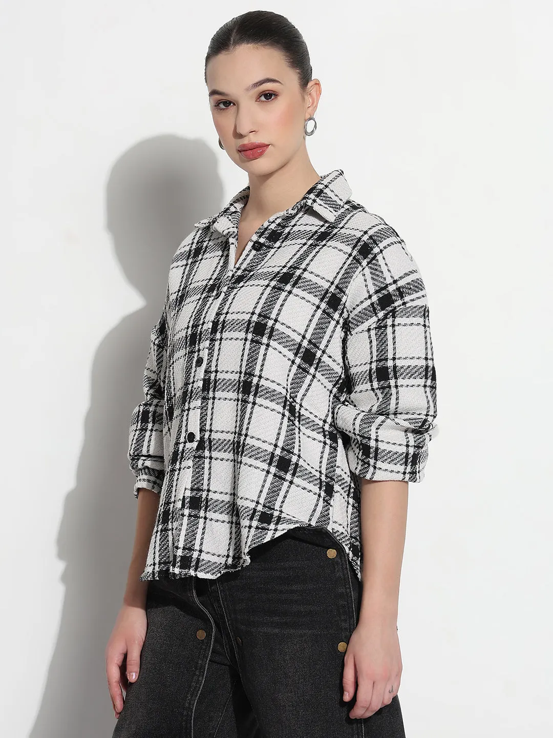 Streetwear attitude Women's Tartan Checks White Oversized Shirt