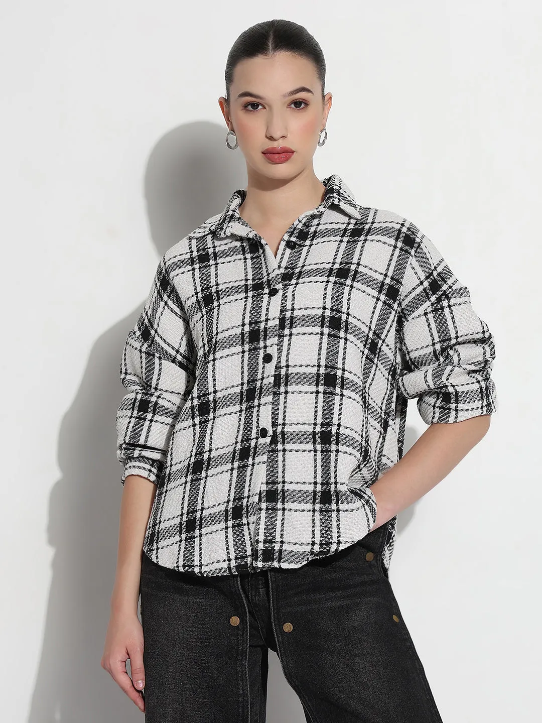 Modern innovation Women's Tartan Checks White Oversized Shirt