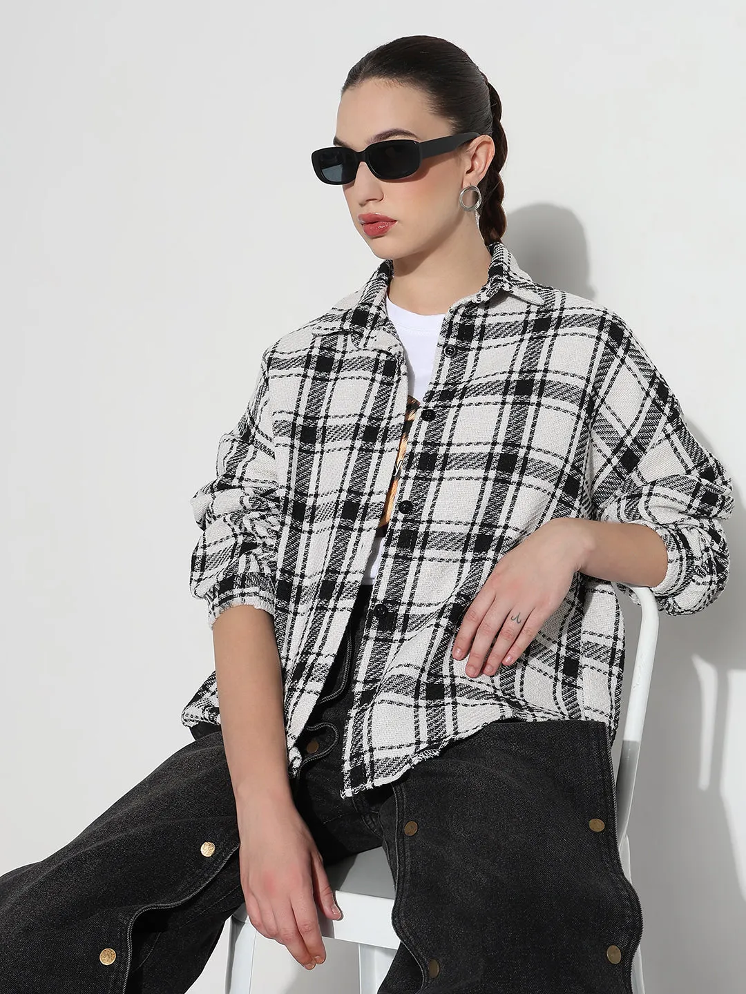 Women's Tartan Checks White Oversized Shirt Functional Wearable Relaxed Waist