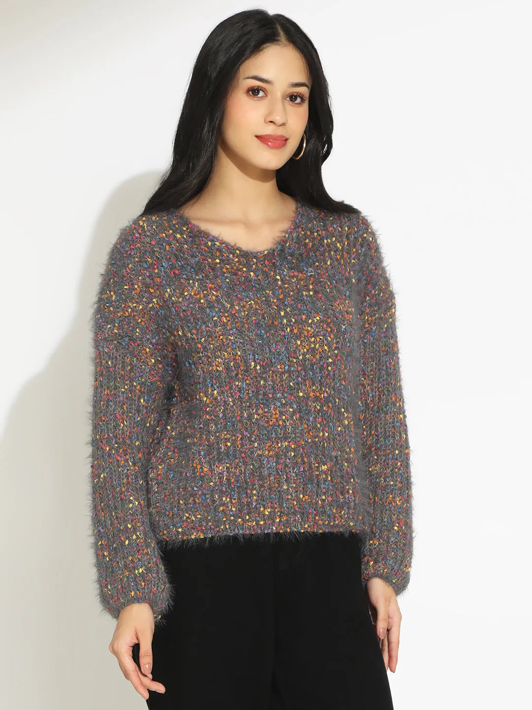 Fresh Comforted Women's Textured Grey Fuzzy Knit Pullover Sweater