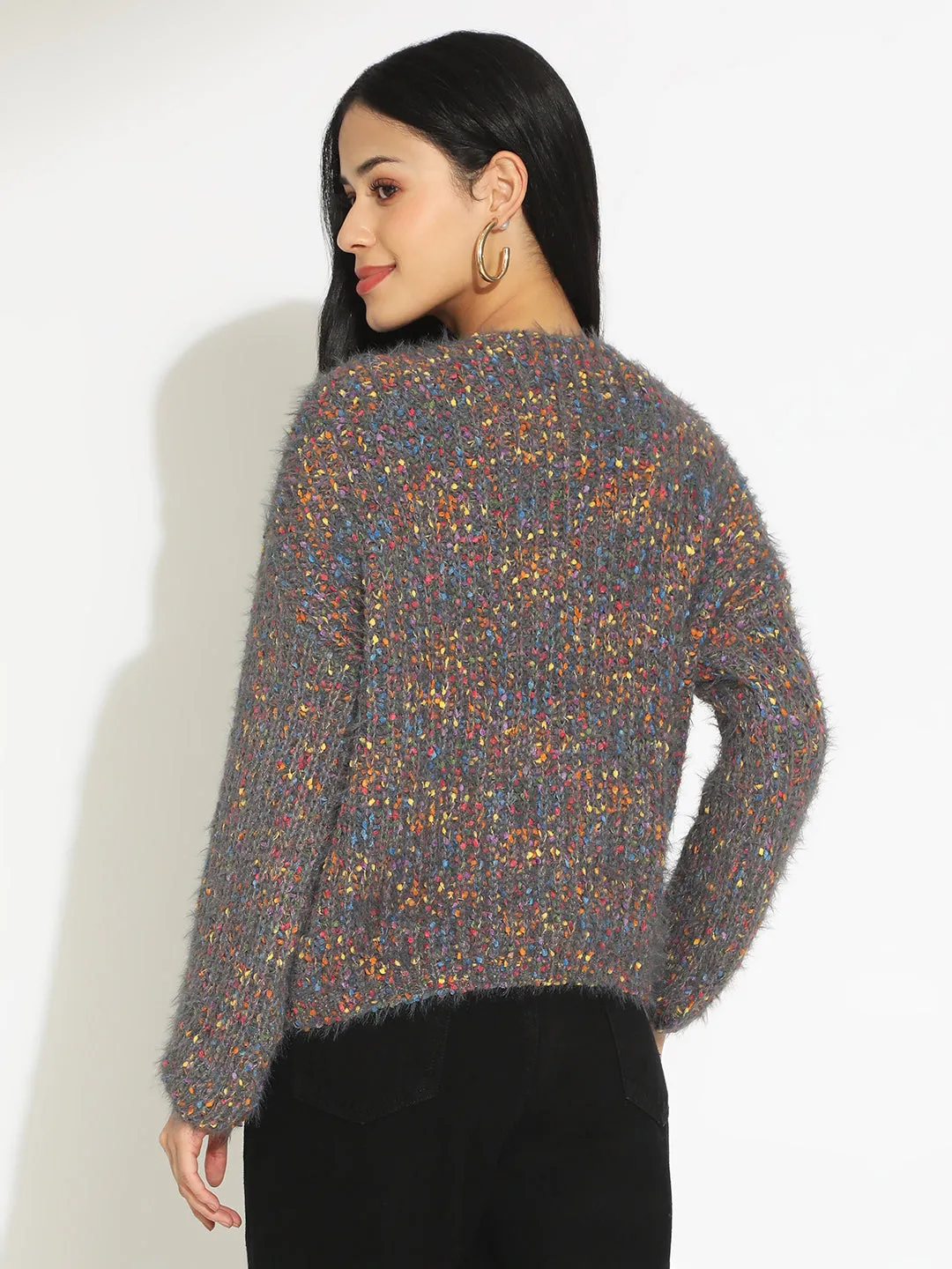 Women's Textured Grey Fuzzy Knit Pullover Sweater Lightweight insulation