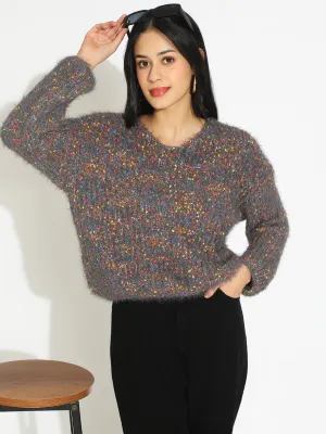 Layered Look Stylish Drape Women's Textured Grey Fuzzy Knit Pullover Sweater