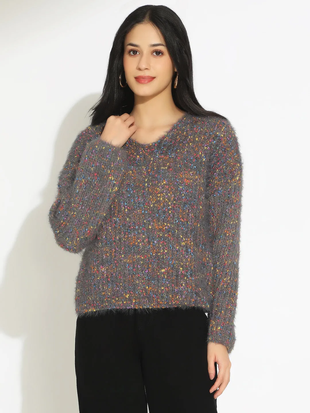 Women's Textured Grey Fuzzy Knit Pullover Sweater Compact Knit Structure