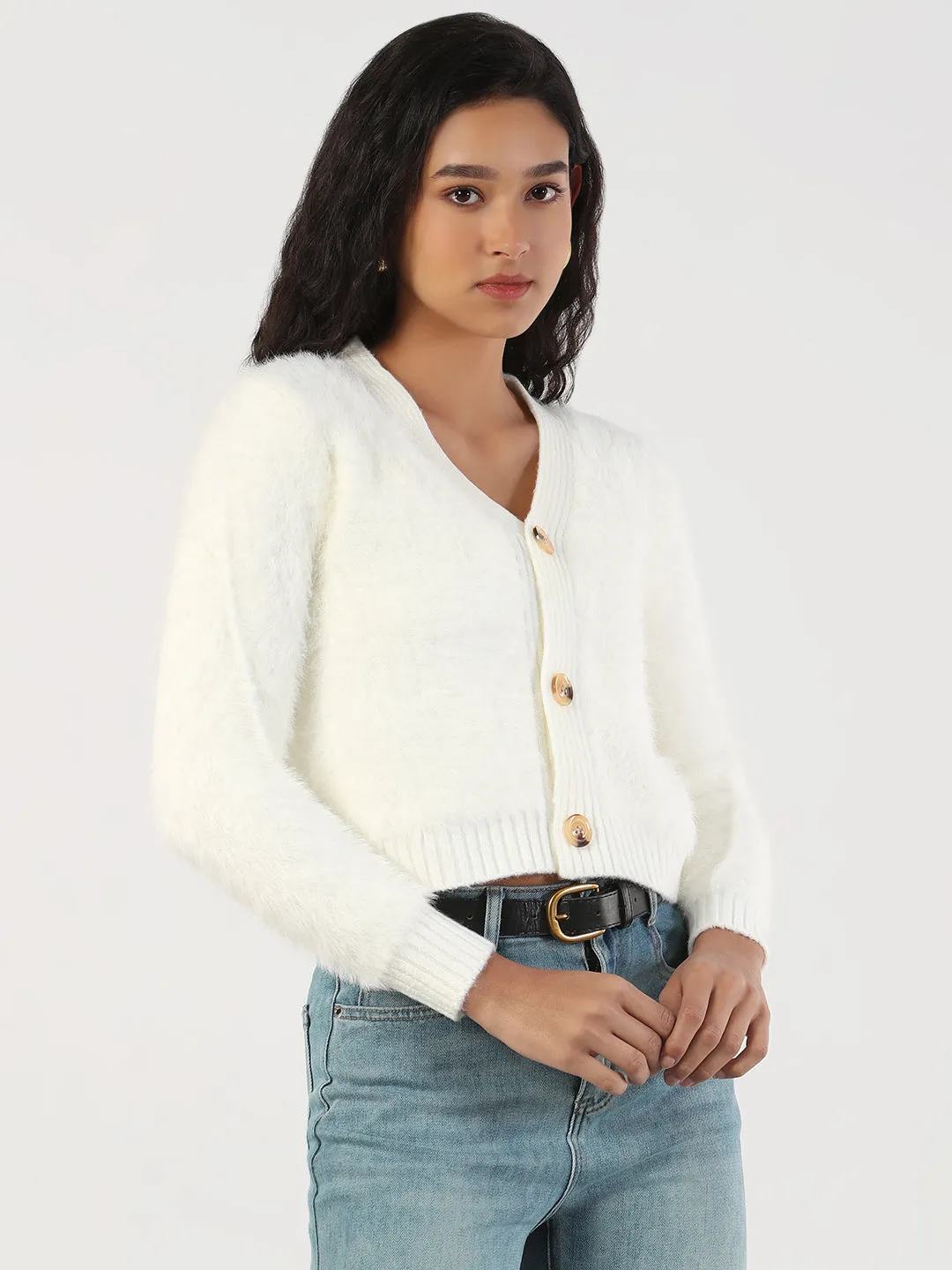 Women's V-Neck Solid Cream Cardigan Warm Essentials DoubleLayered Hem Technology