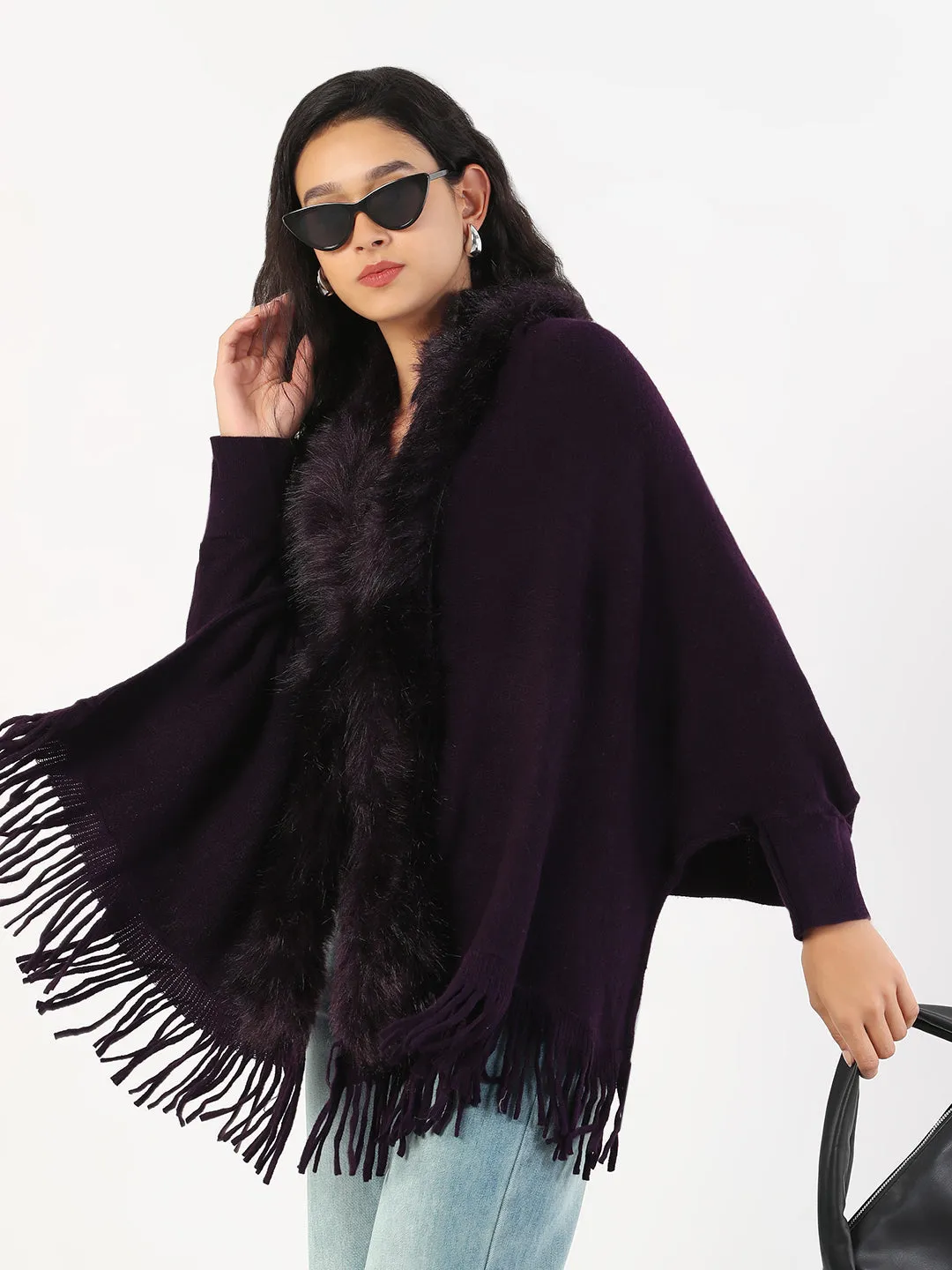 Layered Collar Option AntiPilling Treatment Women's V-Neck Solid Purple Longline Poncho