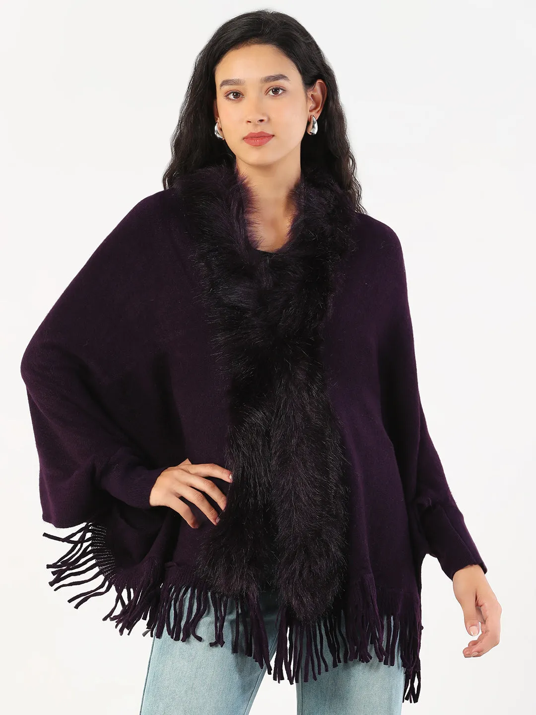 Women's V-Neck Solid Purple Longline Poncho Seasonal Comforted Urban Fashion