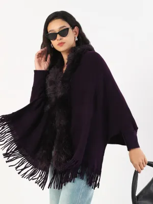 Layered Collar Option AntiPilling Treatment Women's V-Neck Solid Purple Longline Poncho