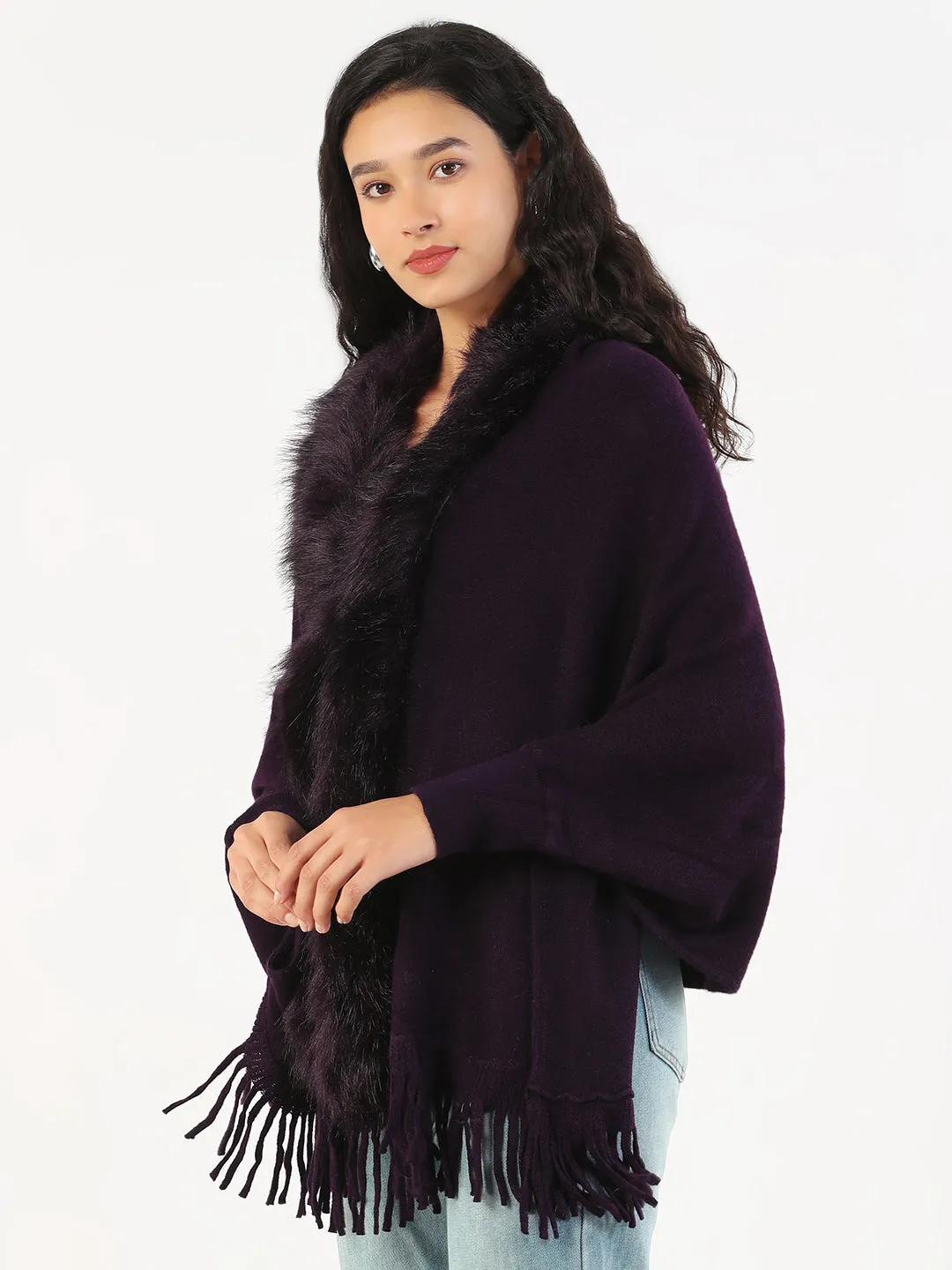 Women's V-Neck Solid Purple Longline Poncho Everyday Use